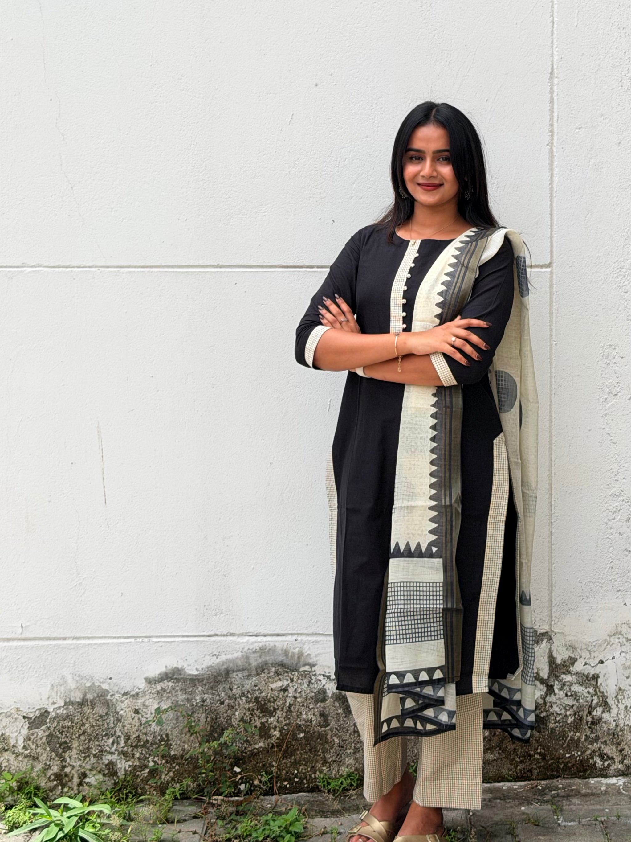 Black Whisper Soft Cotton 3-Piece Kurti Set