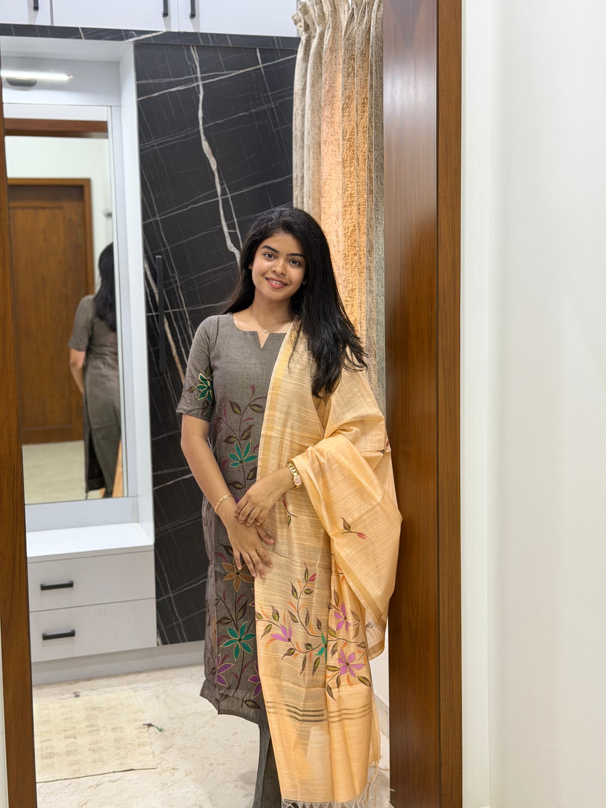 Charcoal Bloom 3-Piece Kurti Set with Hand-Painted Dupatta