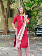 Red Whisper Soft Cotton 3-Piece Kurti Set