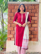 Red Whisper Soft Cotton 3-Piece Kurti Set