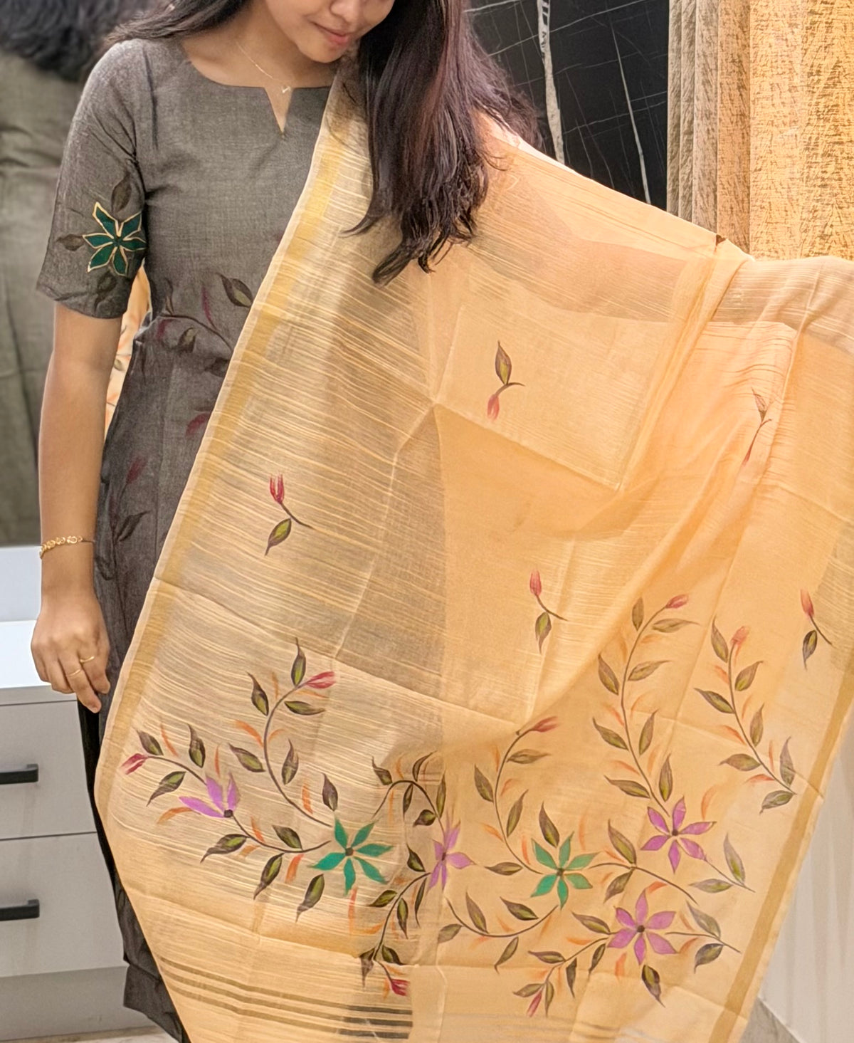 Charcoal Bloom 3-Piece Kurti Set with Hand-Painted Dupatta