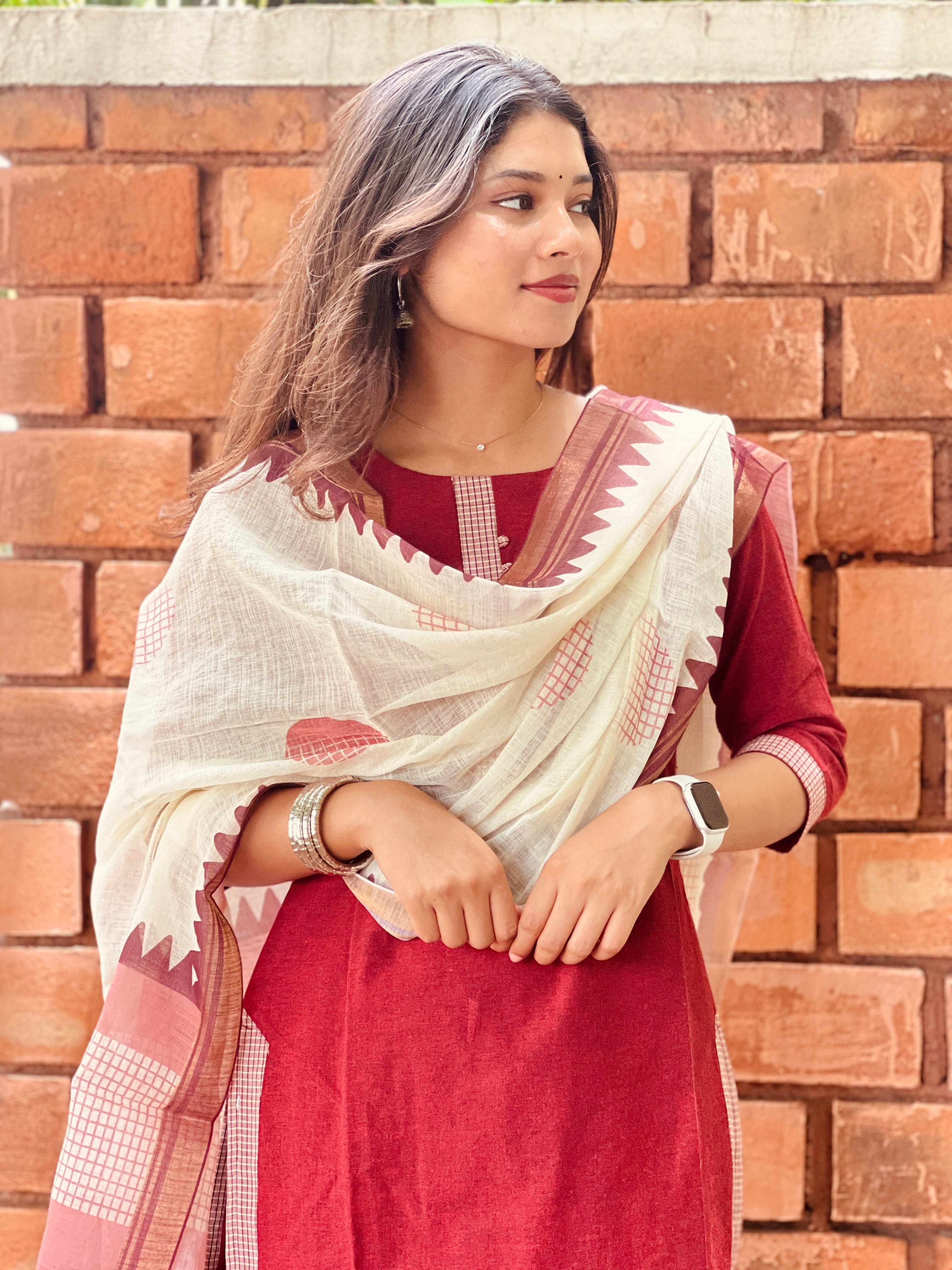 Red Whisper Soft Cotton 3-Piece Kurti Set