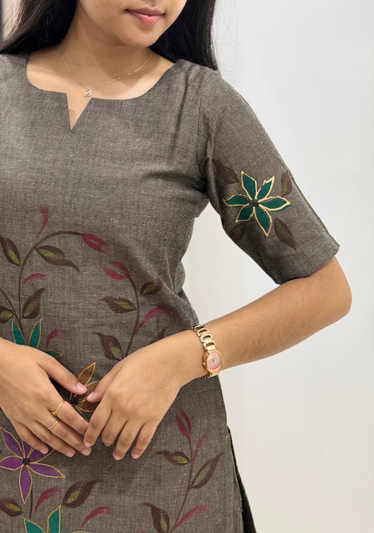 Charcoal Bloom 3-Piece Kurti Set with Hand-Painted Dupatta