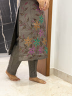 Charcoal Bloom 3-Piece Kurti Set with Hand-Painted Dupatta