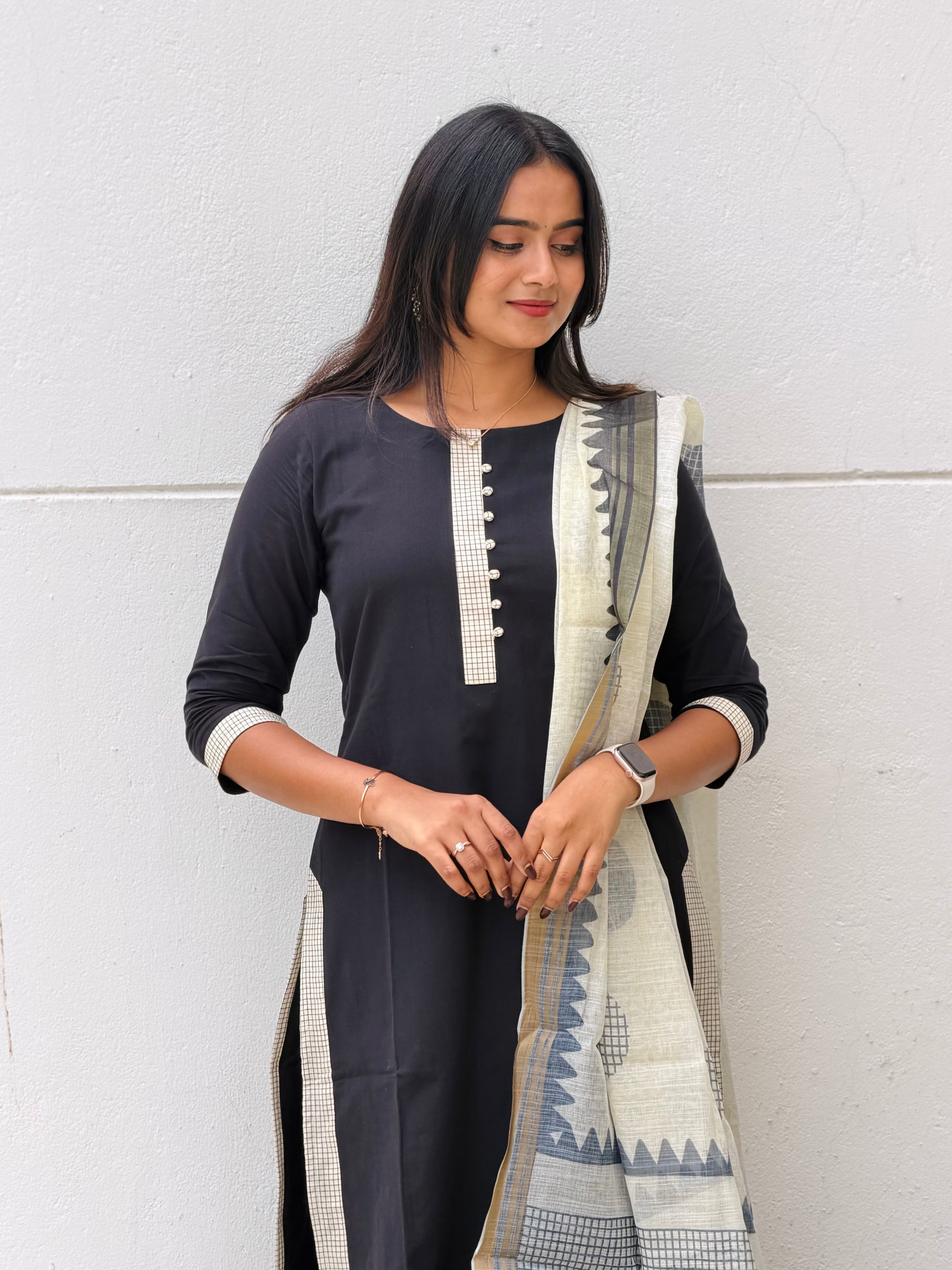 Black Whisper Soft Cotton 3-Piece Kurti Set