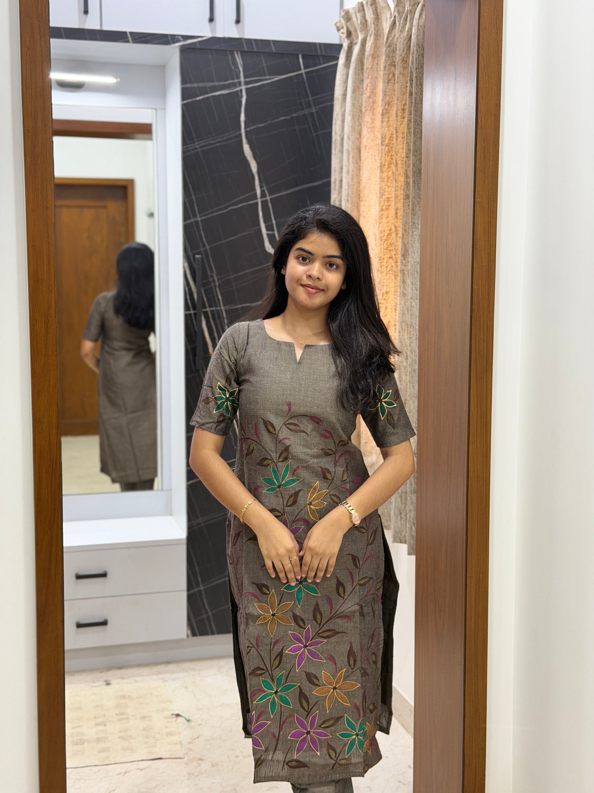 Charcoal Bloom 3-Piece Kurti Set with Hand-Painted Dupatta