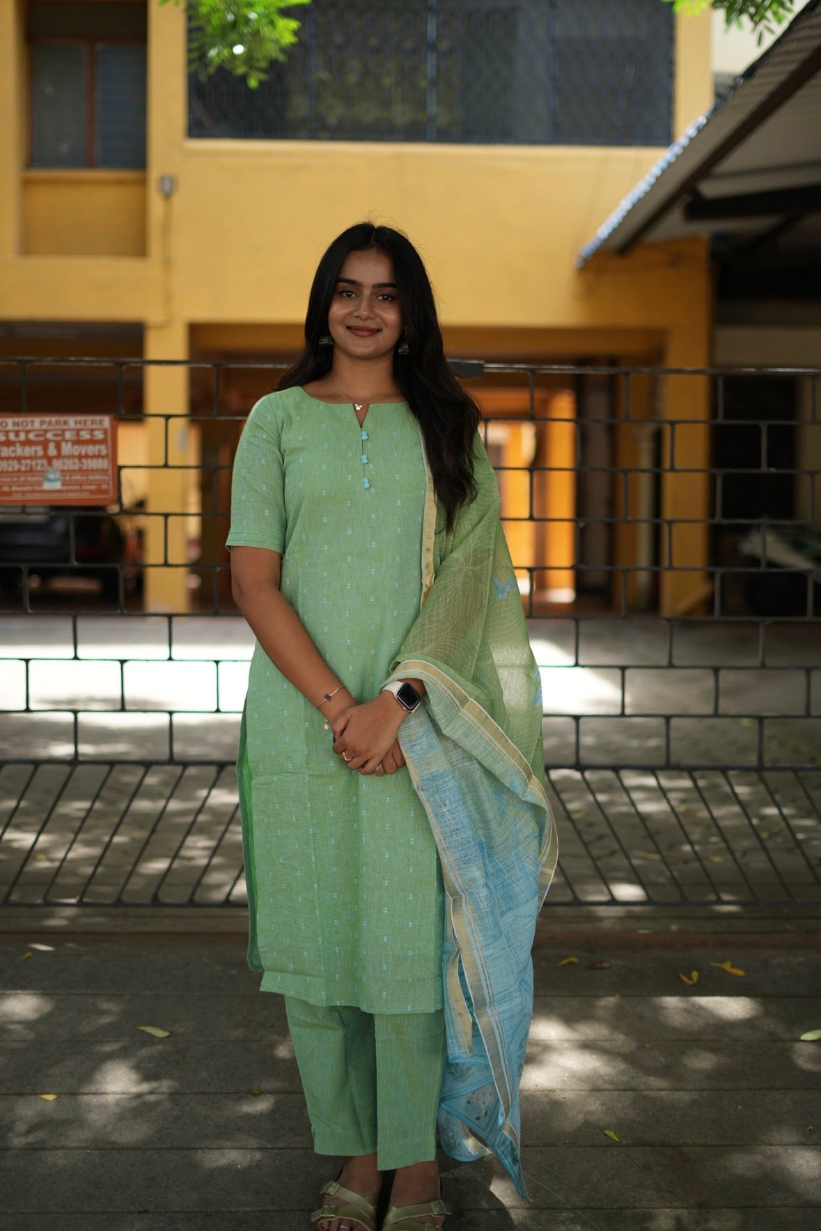 Mint Breeze Handloom Cotton 3-Piece Set with Printed Dupatta