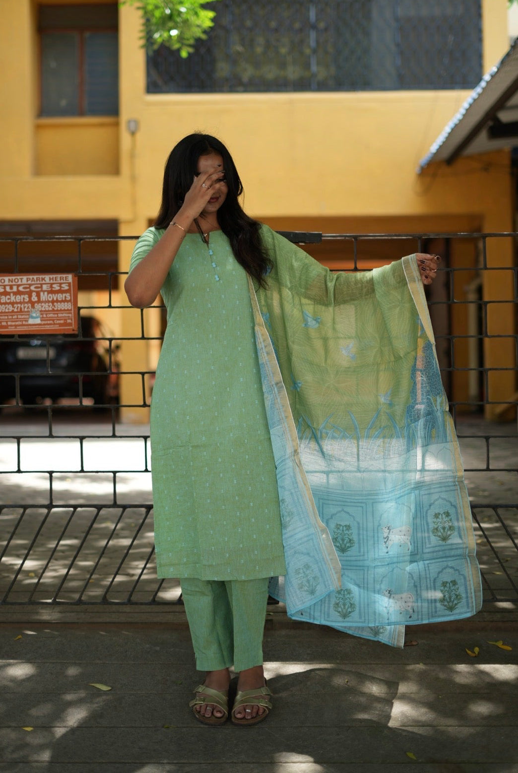 Mint Breeze Handloom Cotton 3-Piece Set with Printed Dupatta