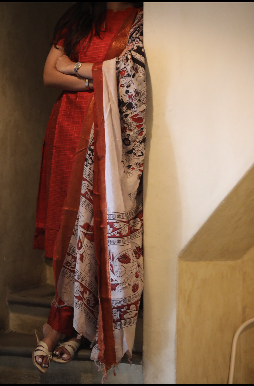 Zari tusser coord with nizam border silk dupatta