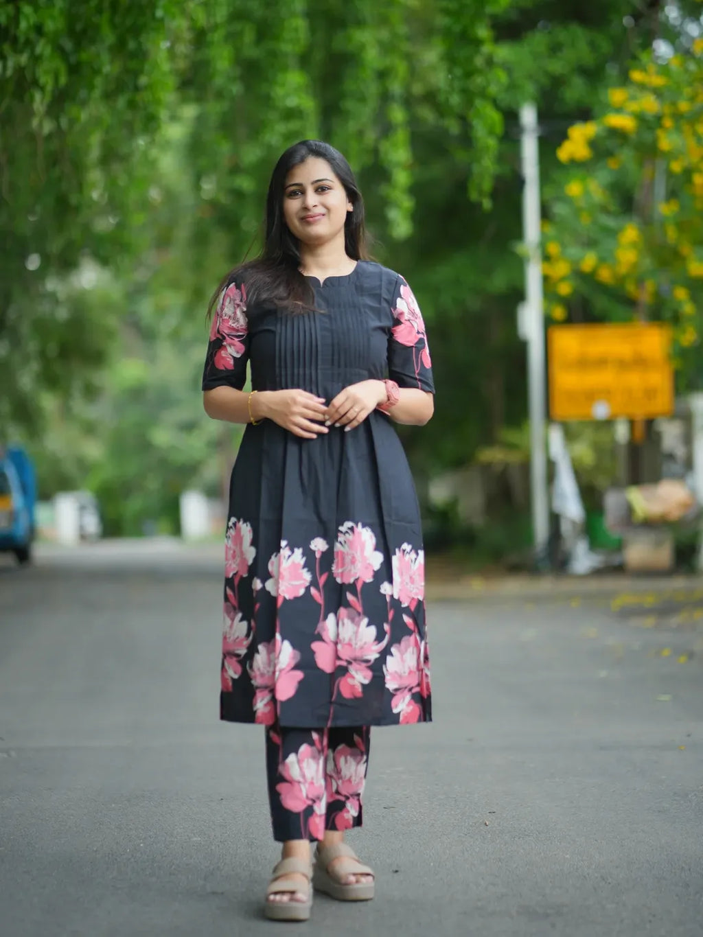 Black Floral Cotton Pintuck Coord Set for Women