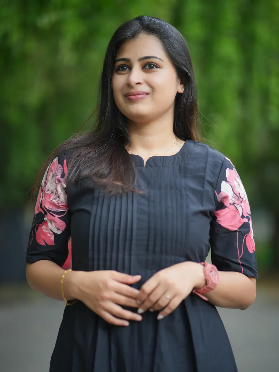 Black Floral Cotton Pintuck Coord Set for Women