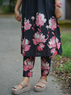 Black Floral Cotton Pintuck Coord Set for Women