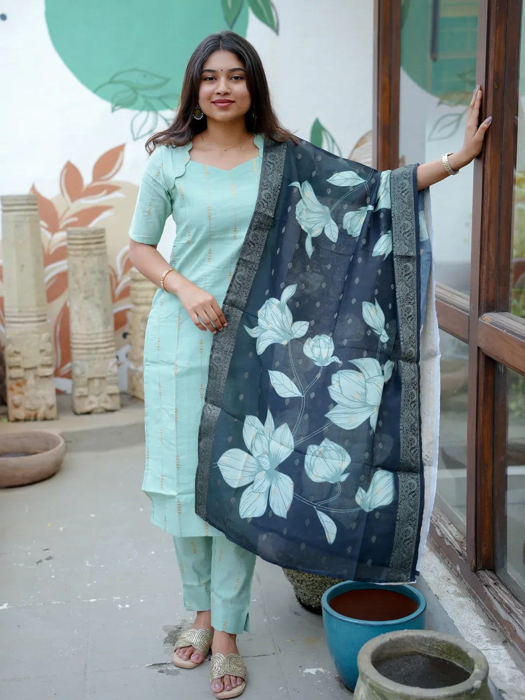 Premium tusser coord set with printed dupatta