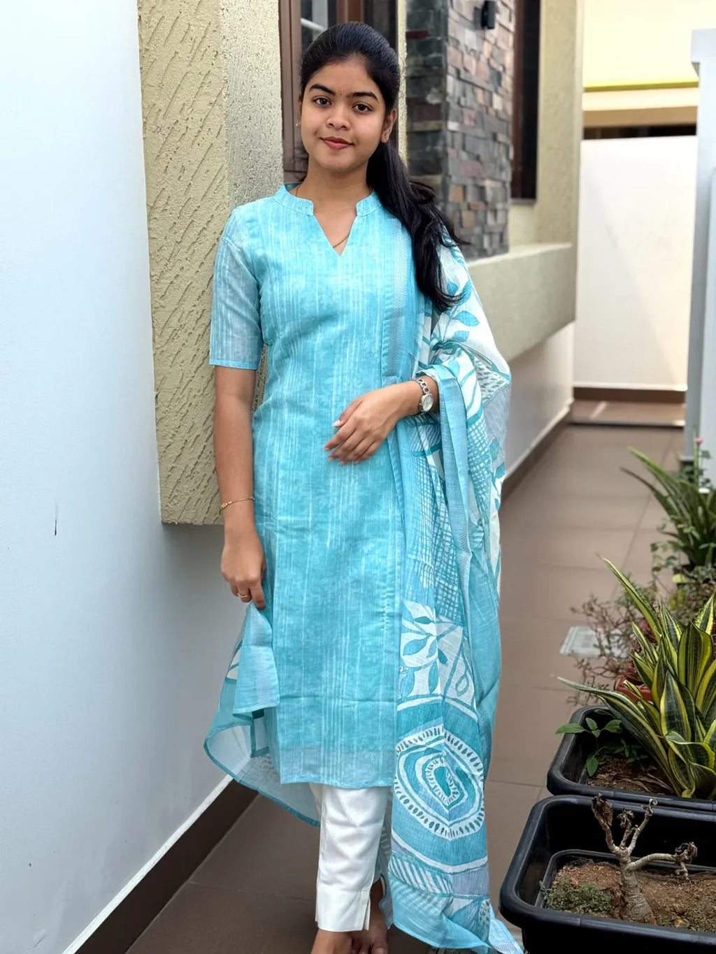 Aqua Blue Linen Kurti Set