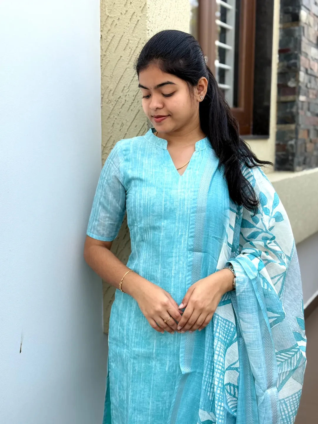 Aqua Blue Linen Kurti Set