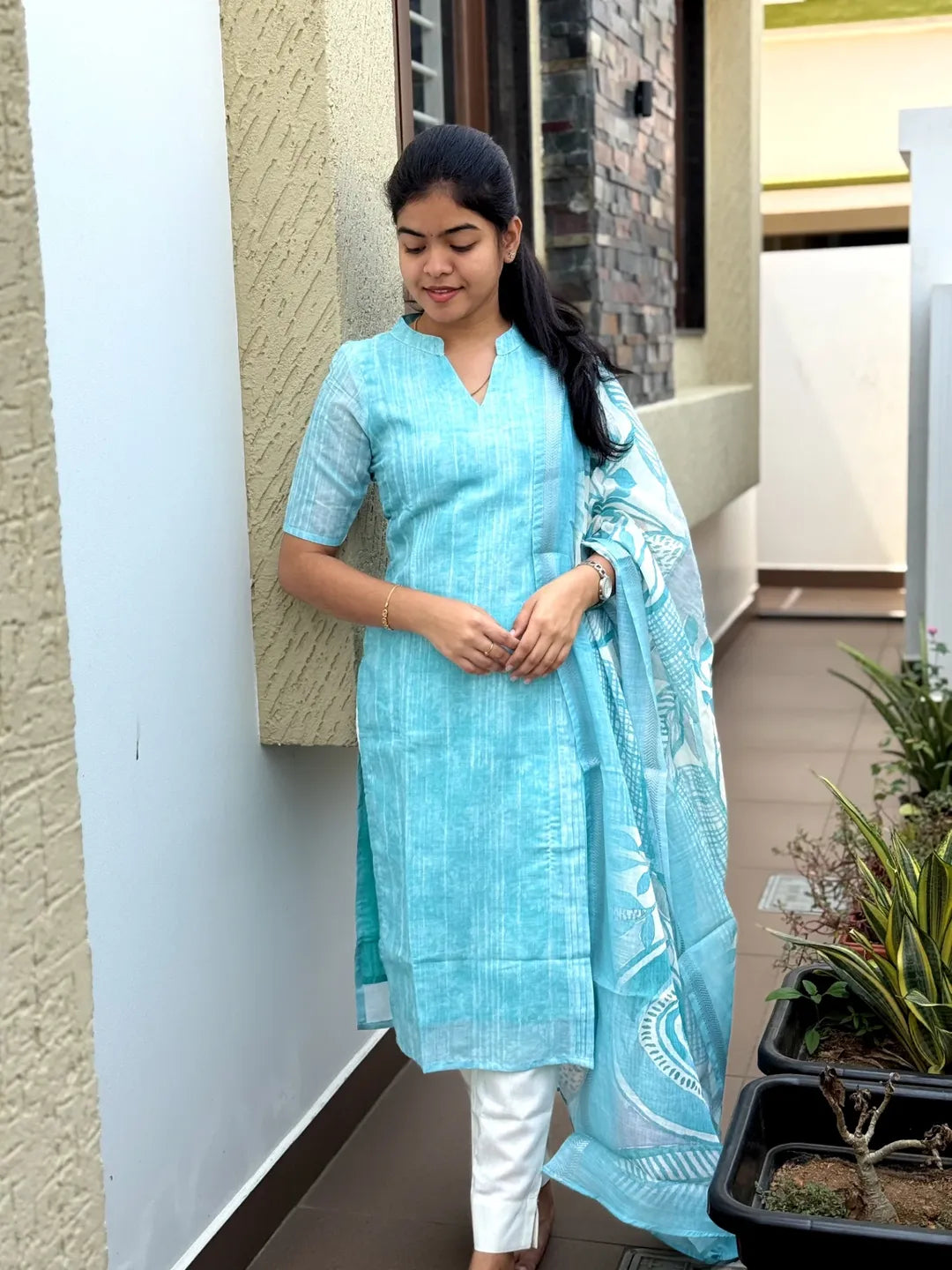 Aqua Blue Linen Kurti Set