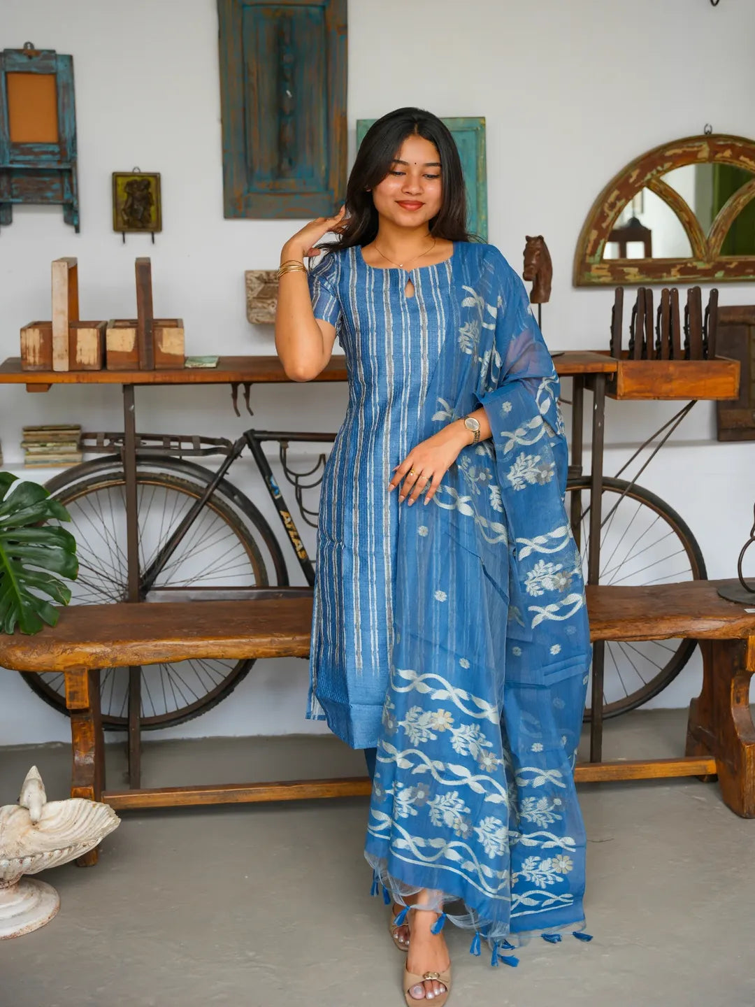Premium munga silk self stiched kurti set with jacquard weaving dupatta