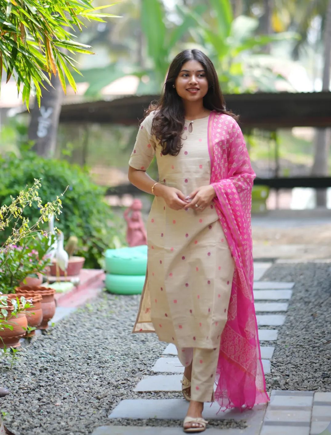 Beige Cotton Kurti Set with Pink Dupatta
