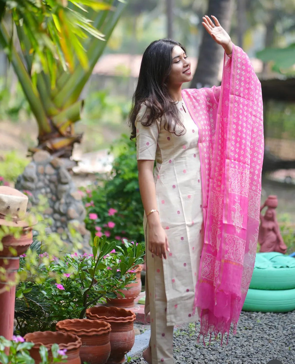 Beige Cotton Kurti Set with Pink Dupatta