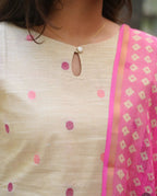 Beige Cotton Kurti Set with Pink Dupatta