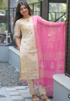 Beige Cotton Kurti Set with Pink Dupatta