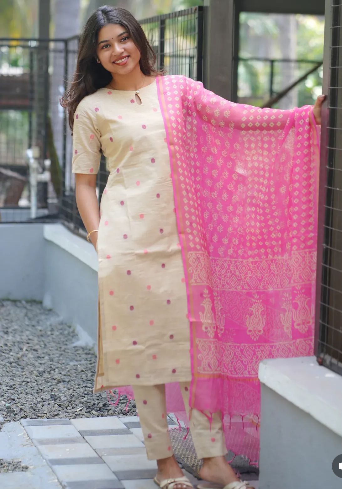 Beige Cotton Kurti Set with Pink Dupatta