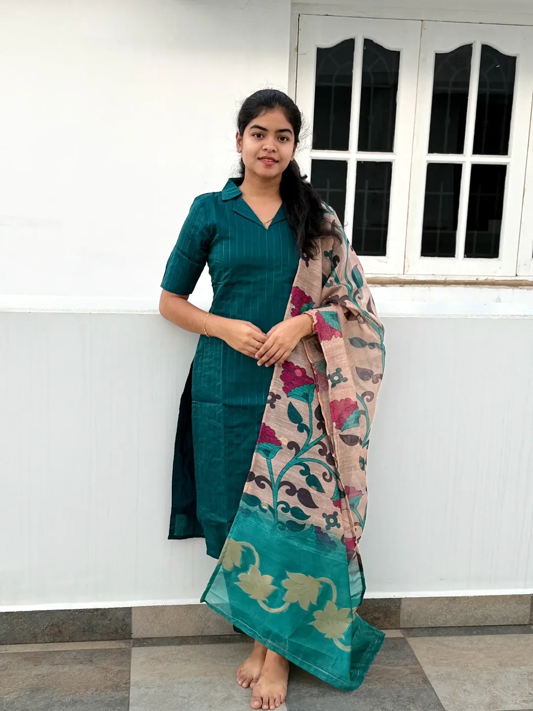Peacock green tusser set with floral dupatta